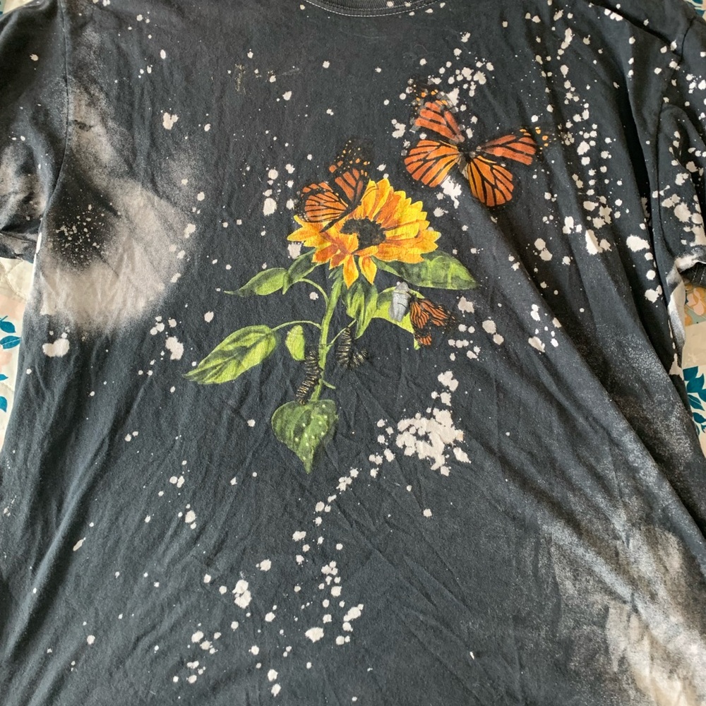Black Bleached T-Shirt with Sunflower and Butterfly Design